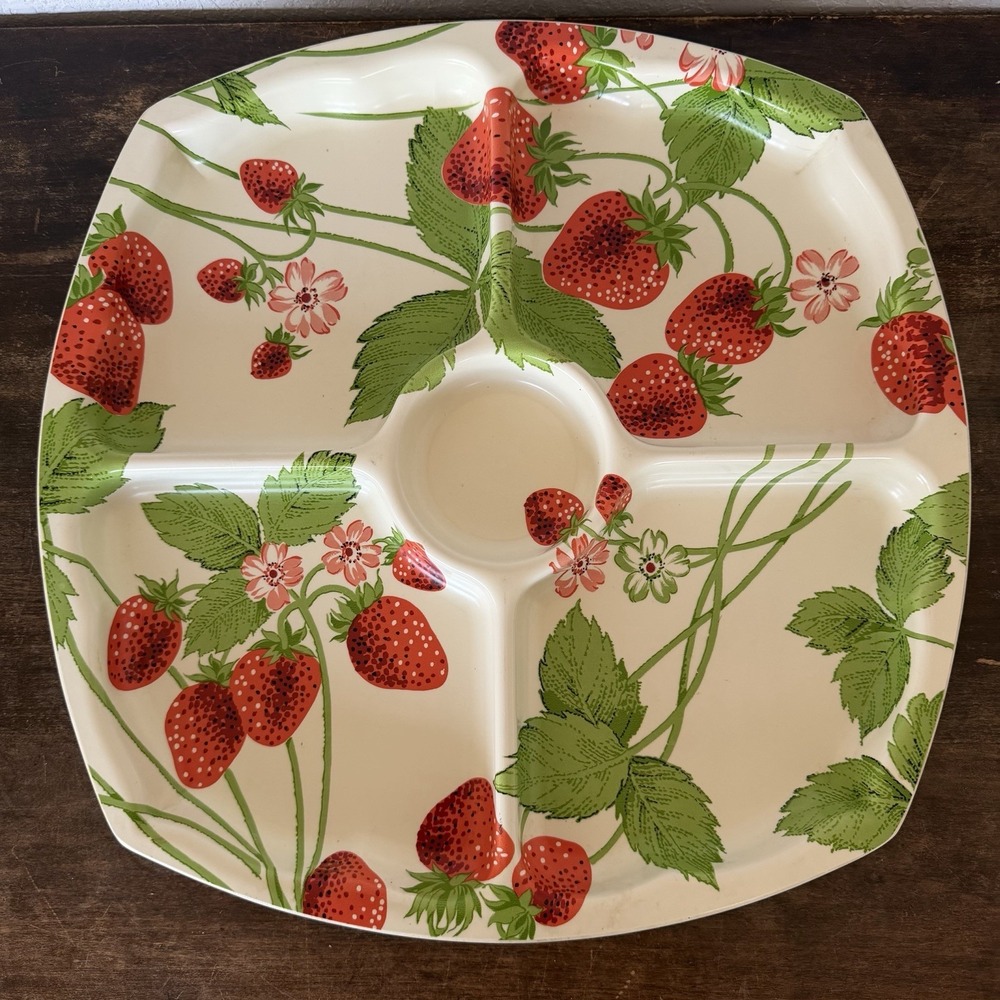 Vtg 1970s Strawberry Fiberglass Divided Serving Tray Platter Retro MCM 4 Section